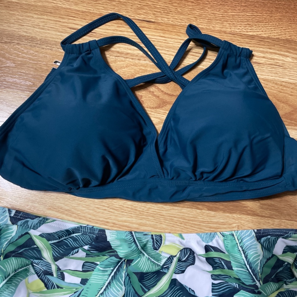 Women Maternity Large 2 Piece Swimsuit Bikini- Tropical Print Bottom Dark Teal B - Picture 3 of 5